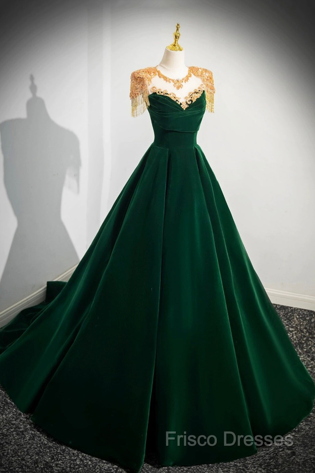 Green Velvet Beaded Long Formal Prom Dress, A-Line Beautiful Formal Party Dress