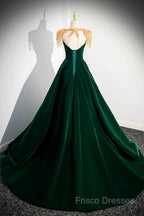 Green Velvet Beaded Long Formal Prom Dress, A-Line Beautiful Formal Party Dress
