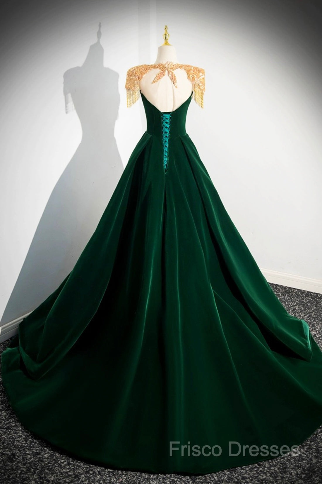 Green Velvet Beaded Long Formal Prom Dress, A-Line Beautiful Formal Party Dress
