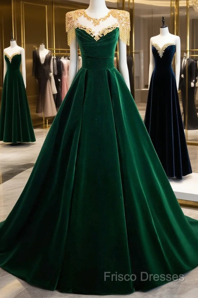 Green Velvet Beaded Long Formal Prom Dress, A-Line Beautiful Formal Party Dress Main image
