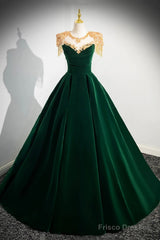 Green Velvet Beaded Long Prom Dress, A-Line Beautiful Evening Party Dress