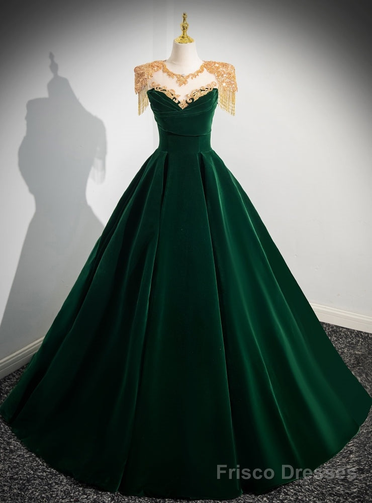 Green Velvet Cap Sleeve Appliques Beading Prom Dress Main image