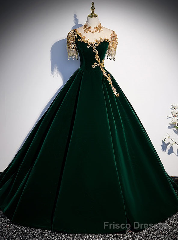 Green Velvet High Neck Short Sleeve Beading Prom Dress Main image