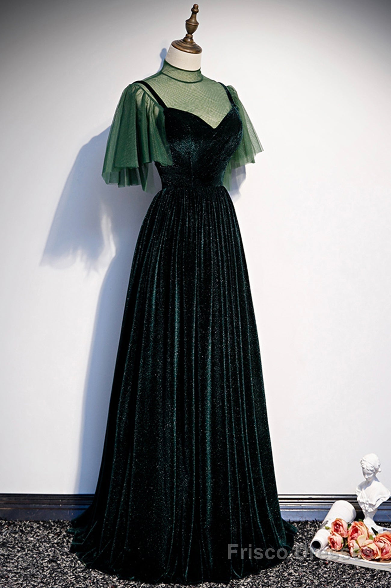 Green Velvet Long A-Line Prom Dress, Green Formal Evening Dress Main image