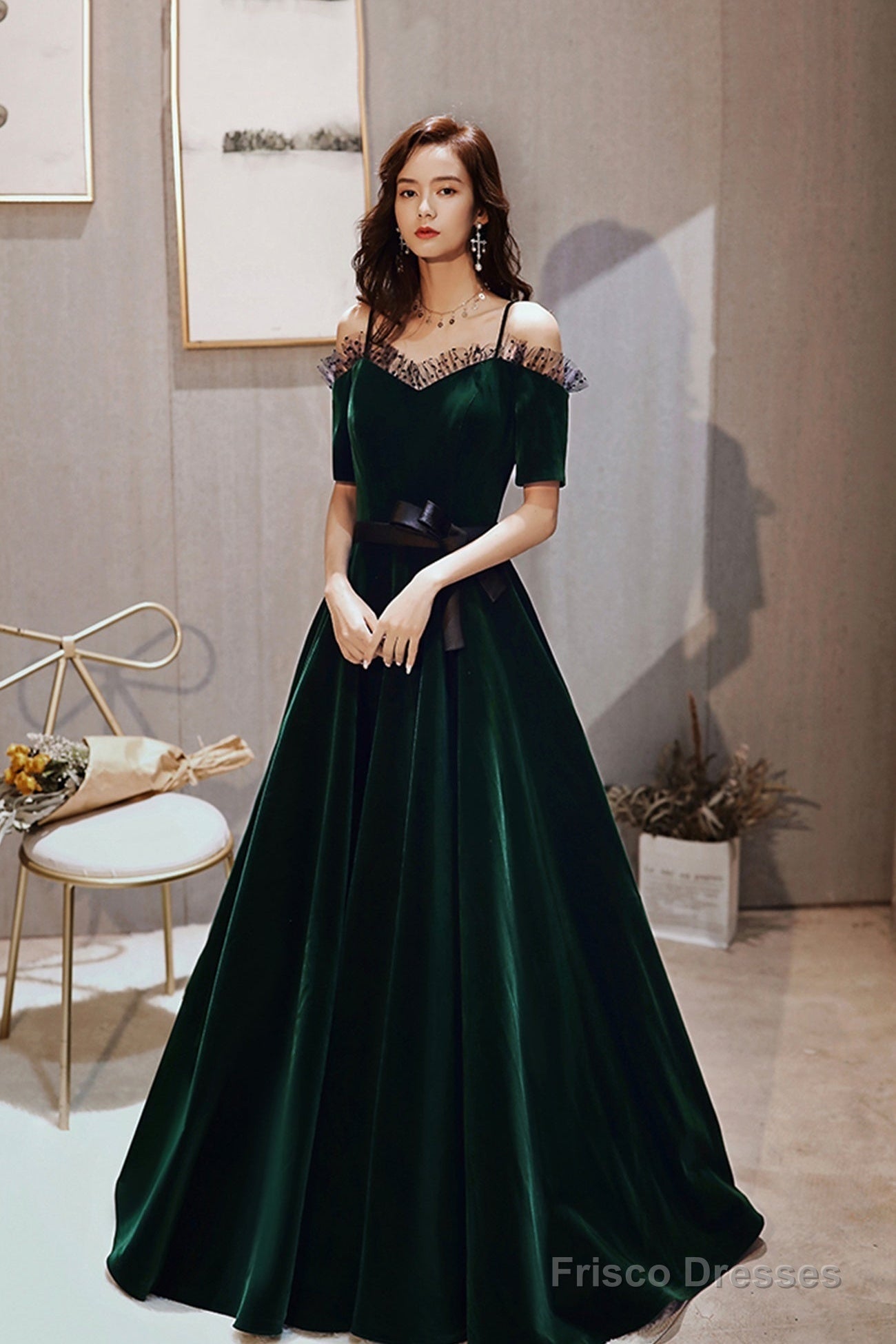 Green Velvet Long A-Line Prom Dress, Green Off The Shoulder Graduation Dress Secondary image