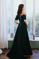 Green Velvet Long A-Line Prom Dress, Green Off The Shoulder Graduation Dress