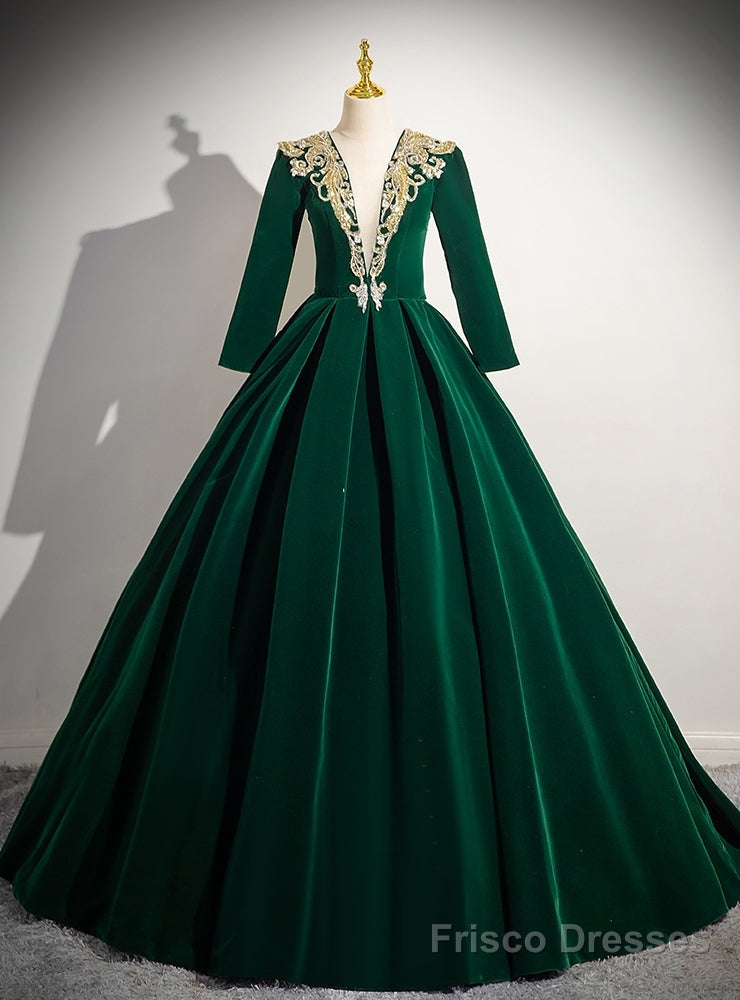 Green Velvet Long Sleeve V-neck Quinceanera Dress Main image