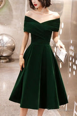 Green Velvet Off Shoulder Vintage Style Bridesmaid Dress, Tea Length Party Dress