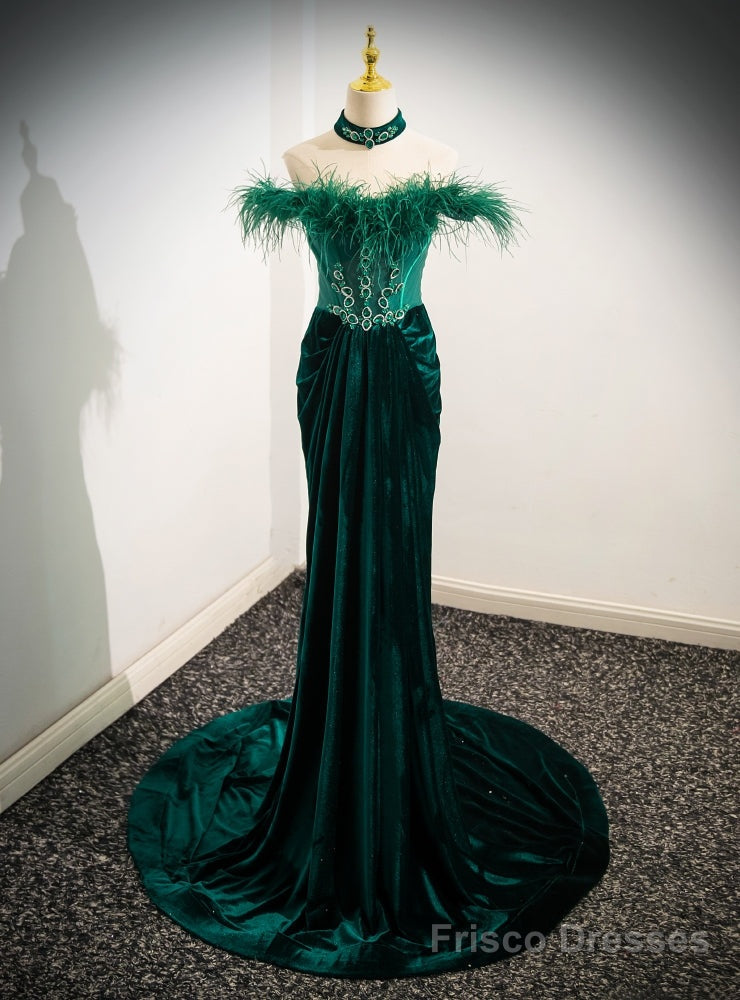 Green Velvet Off the Shoulder Feather Crystal Prom Dress Main image