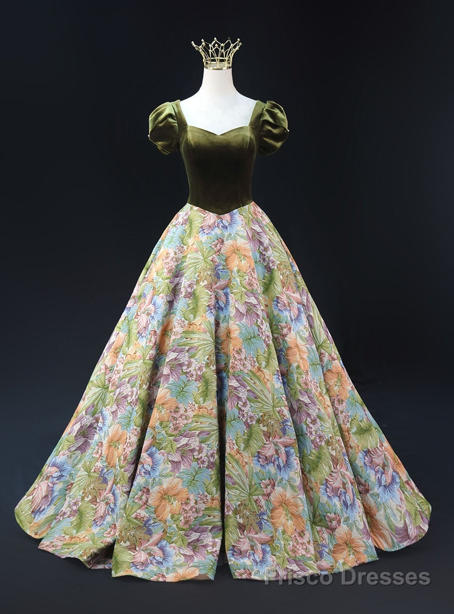 Green Velvet Short Sleeve Print Prom Dress Main image