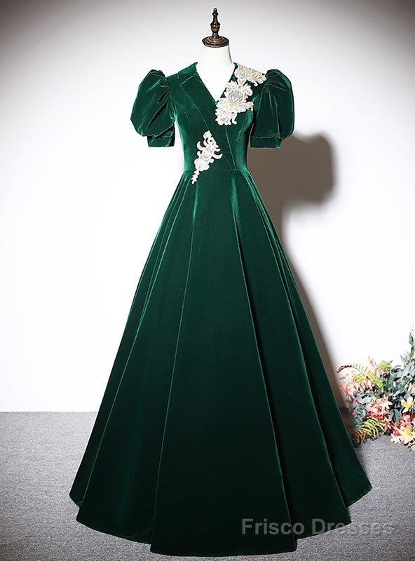 Green Velvet Short Sleeve V-neck Prom Dress Main image