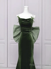 Green Velvet Straps Low Back Evening Dress, Green Velvet Prom Dress