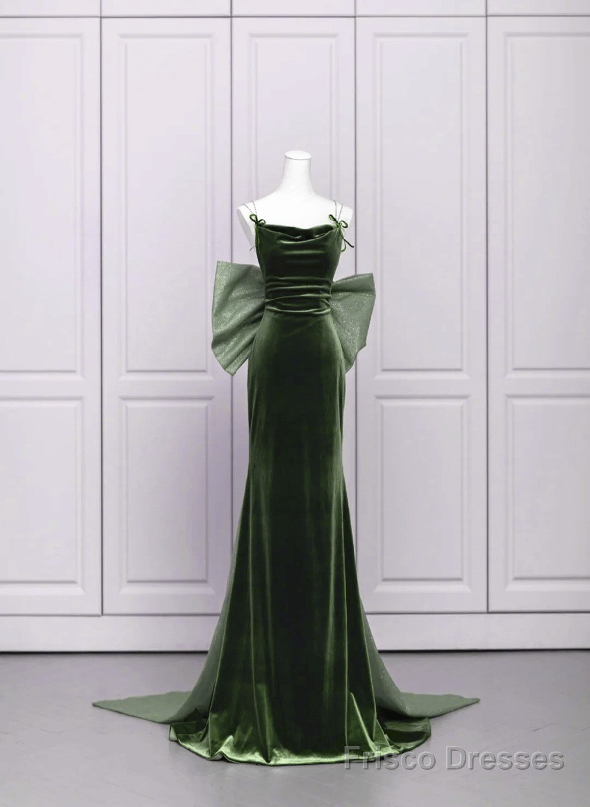 Green Velvet Straps Low Back Evening Dress, Green Velvet Prom Dress Main image