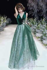 Green Velvet Tulle Long Prom Dresses, V-Neck Green Evening Dresses