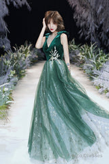 Green Velvet Tulle Long Prom Dresses, V-Neck Green Evening Dresses