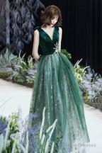Green Velvet Tulle Long Prom Dresses, V-Neck Green Evening Dresses