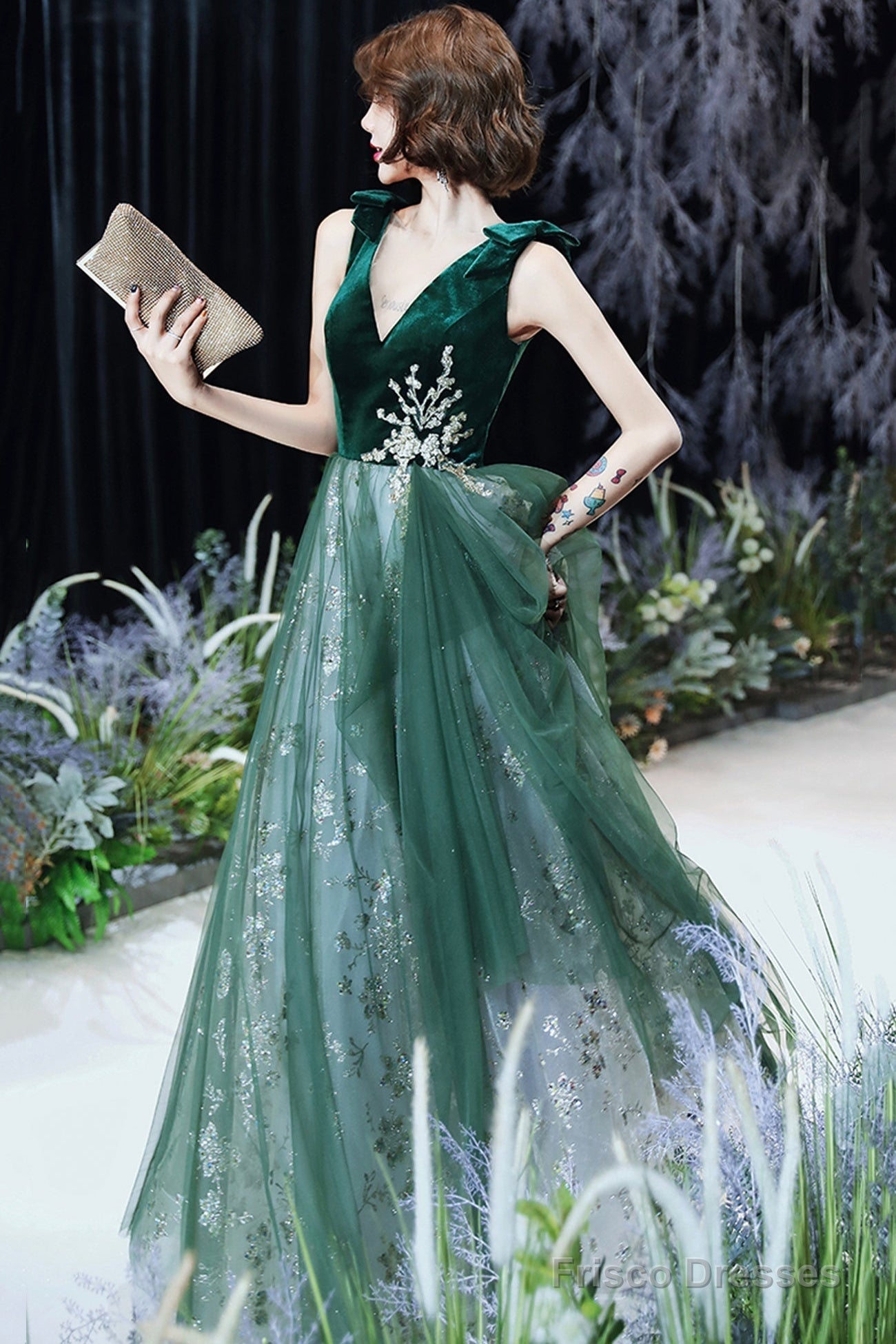 Green Velvet Tulle Long Prom Dresses, V-Neck Green Evening Dresses