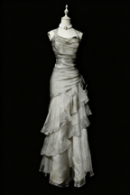 Green/Champagne Vintage Elegant Long Lace Ruffle Prom Dress Evening Dress