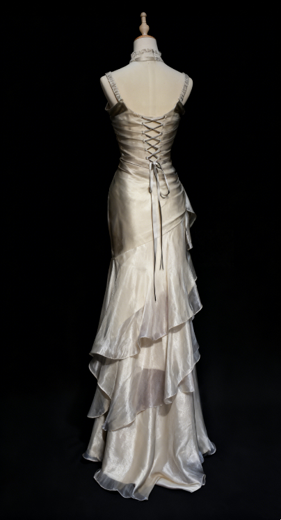 Green/Champagne Vintage Elegant Long Lace Ruffle Prom Dress Evening Dress