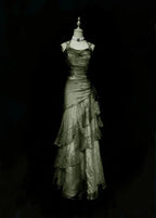 Green/Champagne Vintage Elegant Long Lace Ruffle Prom Dress Evening Dress