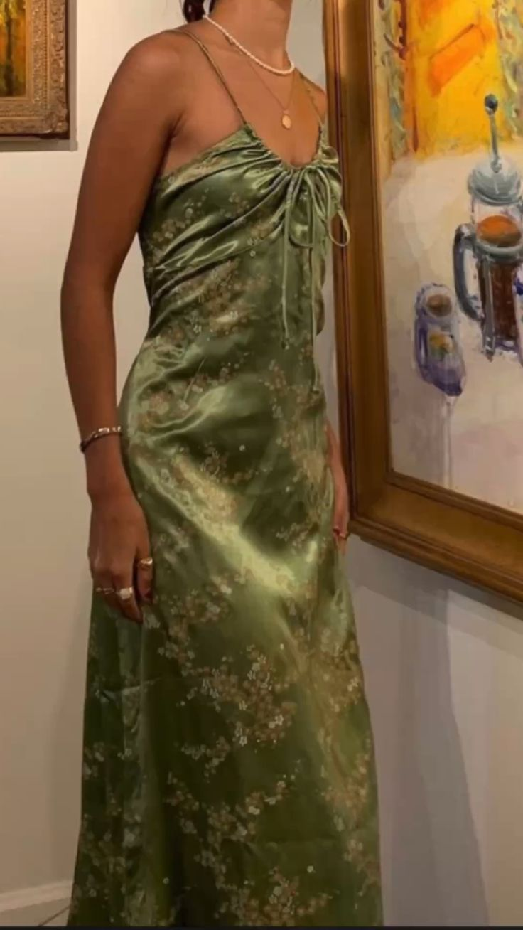 Vintage Green Floral Printed Satin Spaghetti Strap Midi Length Party Dress