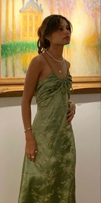 Vintage Green Floral Printed Satin Spaghetti Strap Midi Length Party Dress