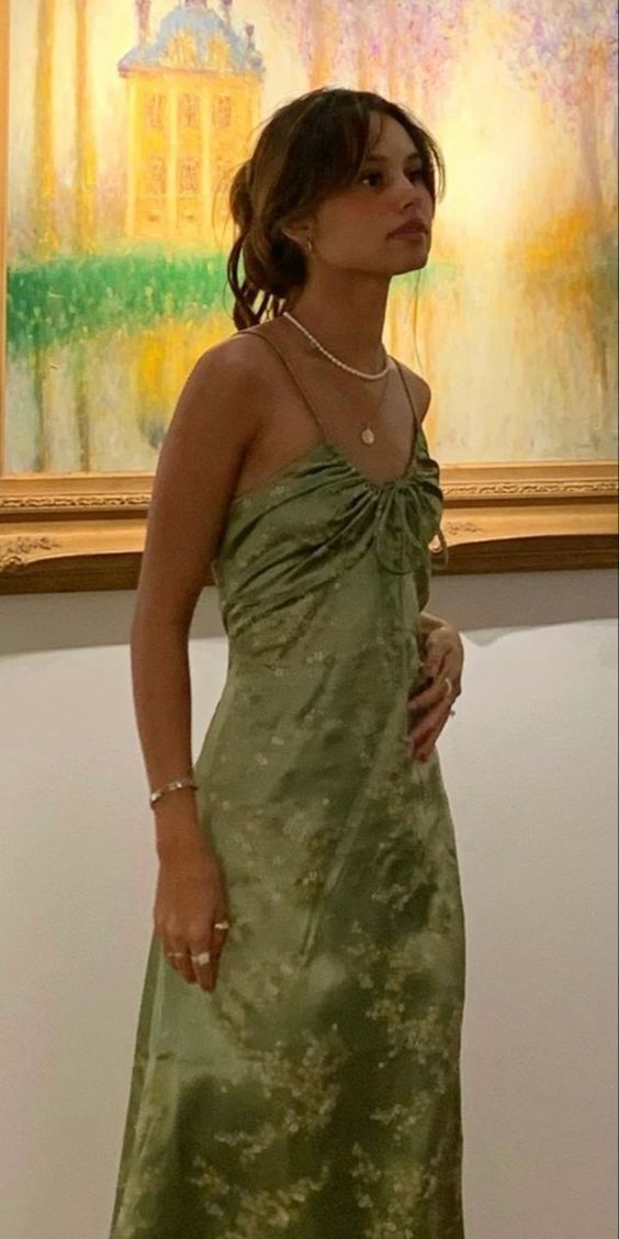 Vintage Green Floral Printed Satin Spaghetti Strap Midi Length Party Dress
