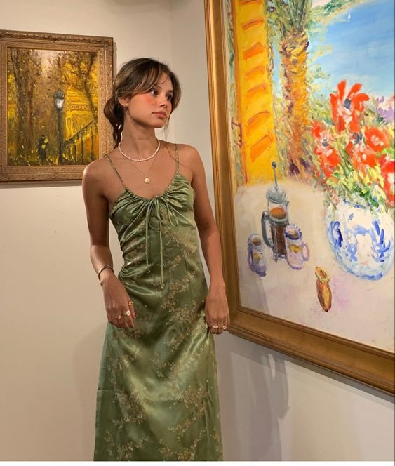 Vintage Green Floral Printed Satin Spaghetti Strap Midi Length Party Dress Main image
