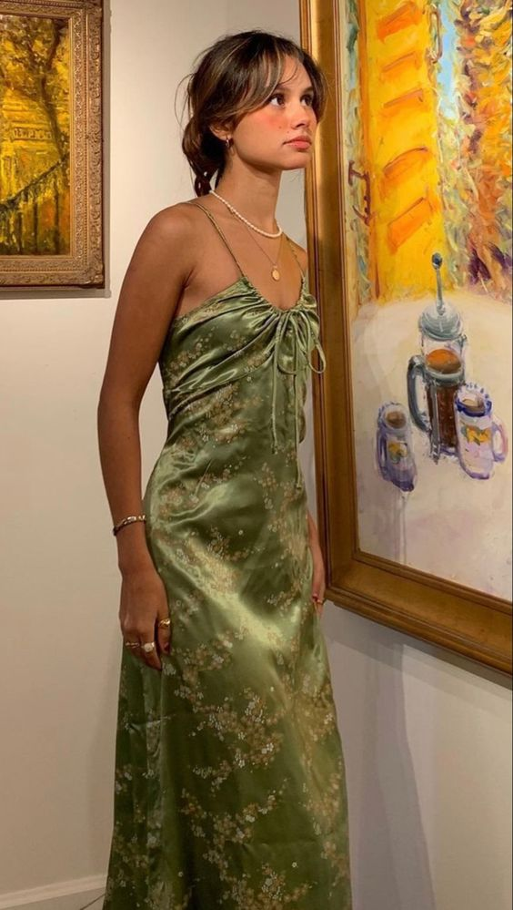 Green Vintage Printed Satin Party Dress Midi Length Formal Prom Dress Secondary image