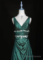 Green Vintage Style Taffeta with Lace Prom Dress, Green Long Party Dress
