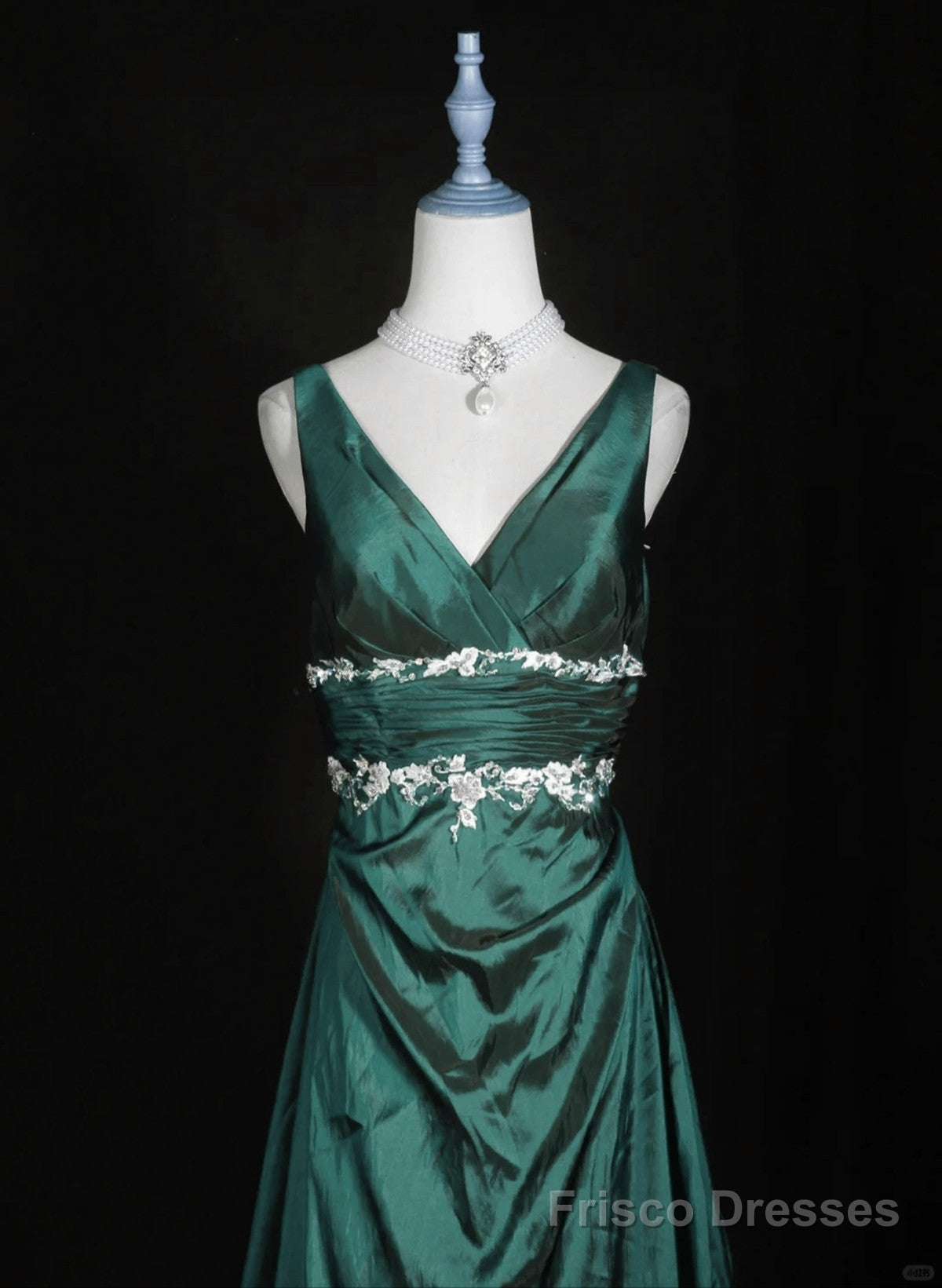 Green Vintage Style Taffeta with Lace Prom Dress, Green Long Party Dress