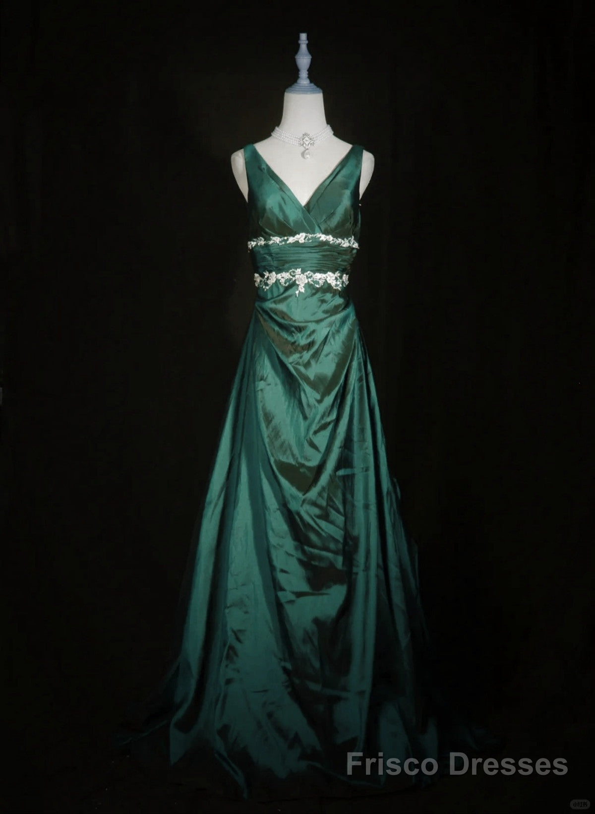 Green Vintage Style Taffeta with Lace Prom Dress, Green Long Party Dress Main image