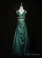 Green Vintage Style Taffeta with Lace Prom Dress, Green Long Party Dress