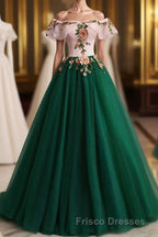 Green Off the Shoulder Floor Length Formal Prom Dress with Appliques, Puffy Quinceanera Dress