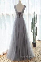 Grey A-Line Tulle With Lace Long Formal Dress V-Neckline Formal Prom Dress Sleeveless December Wedding Guest Dress