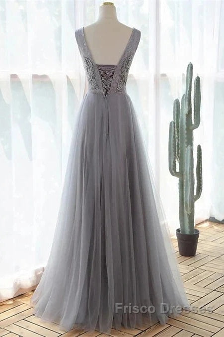 Grey A-Line Tulle With Lace Long Formal Dress V-Neckline Formal Prom Dress Sleeveless December Wedding Guest Dress