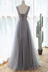 Grey A-Line Tulle With Lace Long Formal Dress V-Neckline Prom Dress Sleeveless December Wedding Guest Dress