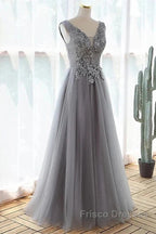 Grey A-Line Tulle With Lace Long Formal Dress V-Neckline Formal Prom Dress Sleeveless December Wedding Guest Dress