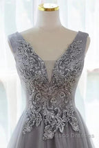 Grey A-Line Tulle With Lace Long Formal Dress V-Neckline Formal Prom Dress Sleeveless December Wedding Guest Dress