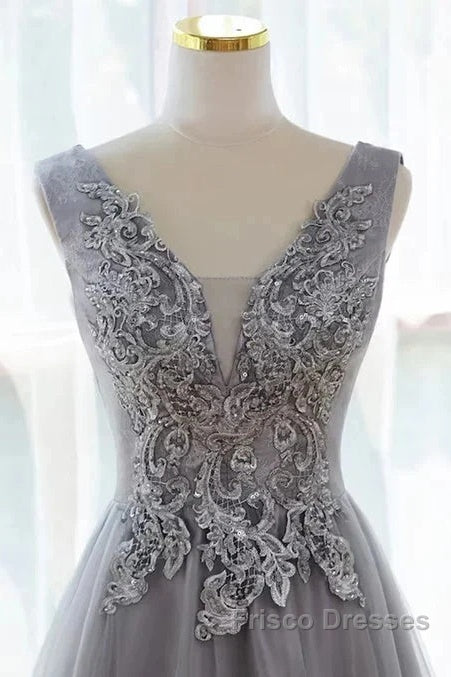 Grey A-Line Tulle With Lace Long Formal Dress V-Neckline Formal Prom Dress Sleeveless December Wedding Guest Dress