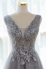 Grey A-Line Tulle With Lace Long Formal Dress V-Neckline Prom Dress Sleeveless December Wedding Guest Dress