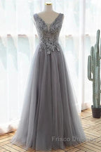 Grey A-Line Tulle With Lace Long Formal Dress V-Neckline Formal Prom Dress Sleeveless December Wedding Guest Dress