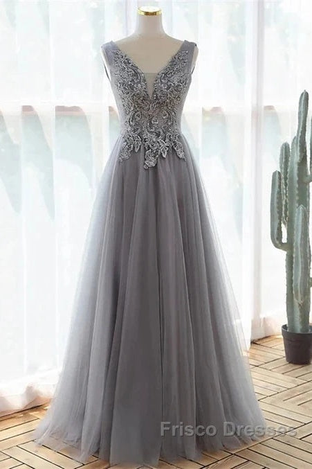 Grey A-Line Tulle With Lace Long Formal Dress V-Neckline Formal Prom Dress Sleeveless December Wedding Guest Dress