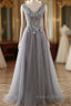 Grey A-Line Tulle With Lace Long Formal Dress V-Neckline Formal Prom Dress Sleeveless December Wedding Guest Dress