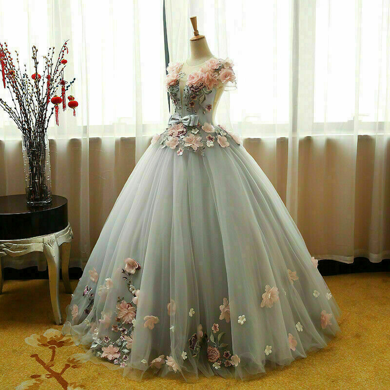 Grey Ball Gown 3D Flowers Princess Party Gown, Sweet 16 Formal Dress Grey Formal Dress Secondary image