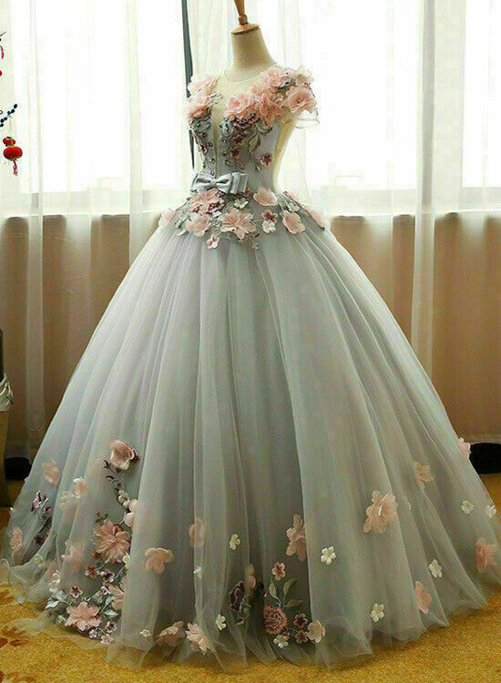 Grey Ball Gown 3D Flowers Princess Party Gown, Sweet 16 Formal Dress Grey Formal Dress Main image
