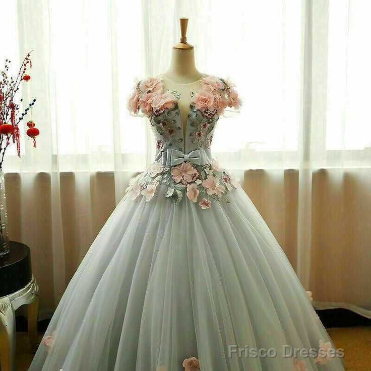 Grey Ball Gown 3D Flowers Princess Party Gown, Sweet 16 Formal Prom Dress Secondary image