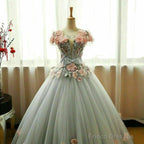 Grey Ball Gown 3D Flowers Princess Party Gown, Sweet 16 Formal Prom Dress