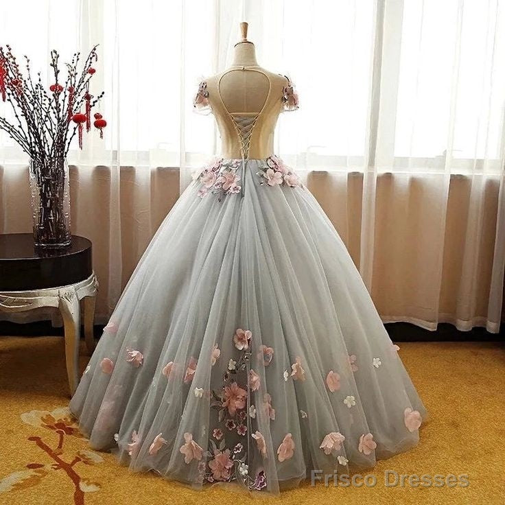Grey Ball Gown 3D Flowers Princess Party Gown, Sweet 16 Formal Prom Dress
