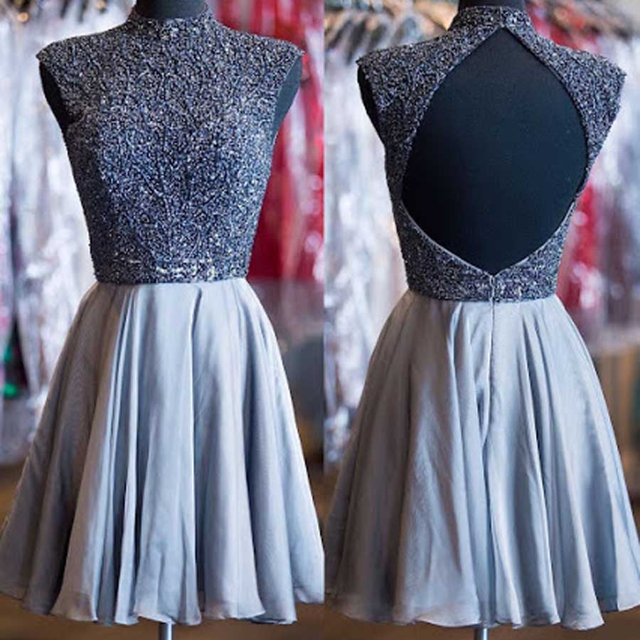 Grey beads sparkly high neck open back vintage elegant homecoming prom dress Main image